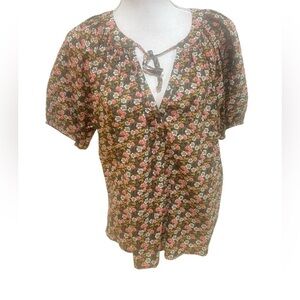 Loft olive peach floral peasant cotton blouse split neck puff sleeves medium